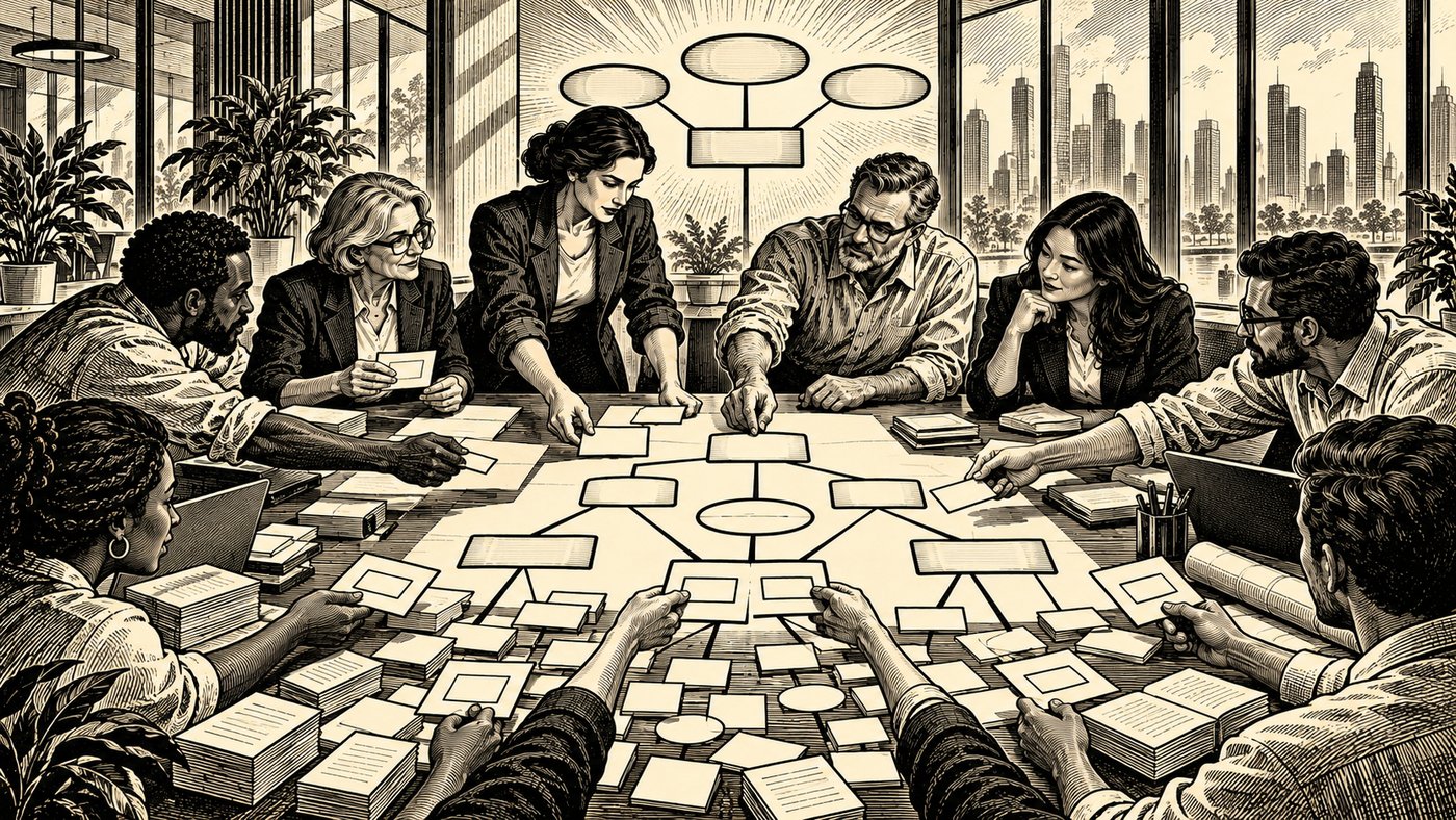 Engraved-style illustration of a team gathered around a large table, sorting scattered proposal cards into a connected network diagram, with a similar diagram sketched on the wall behind them.