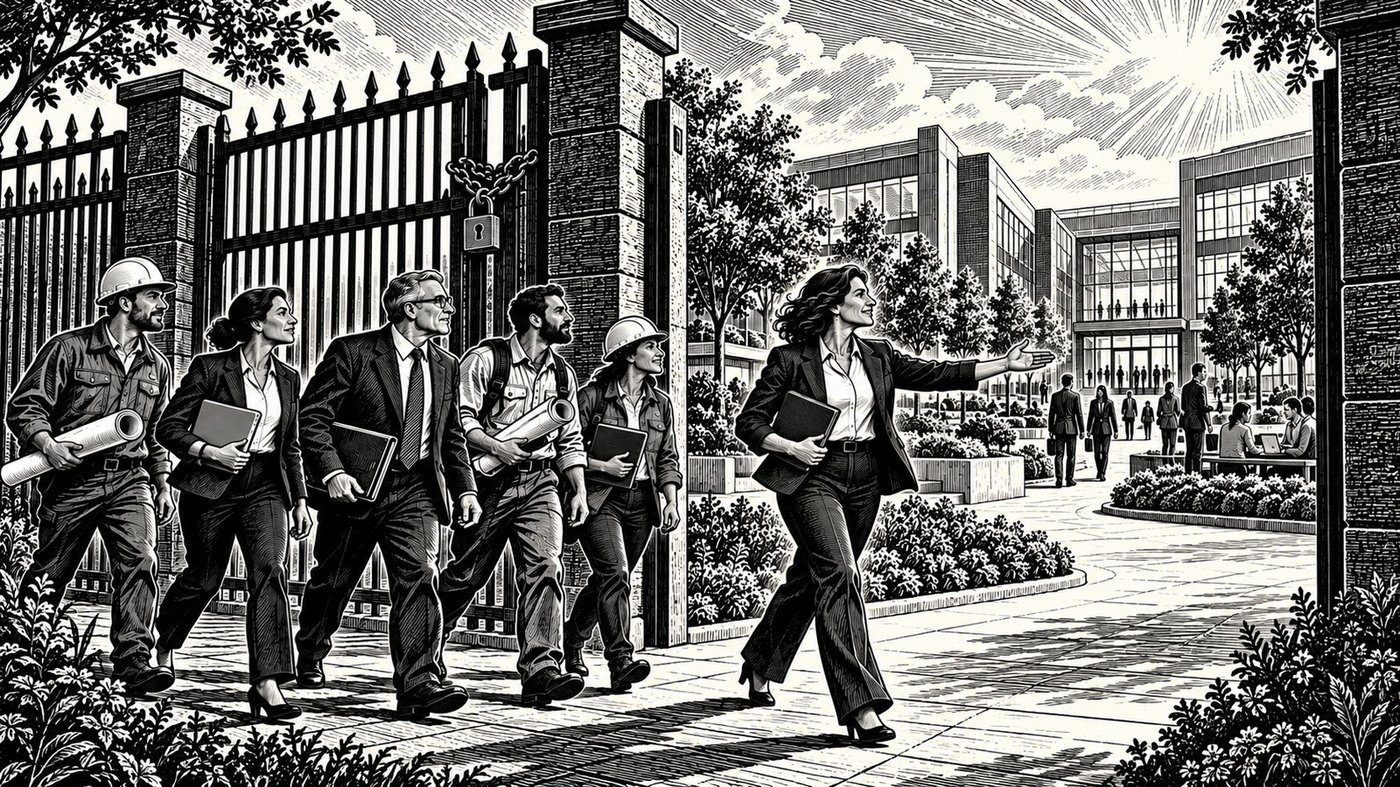 Engraved-style illustration: a smiling consultant in a suit walks through an open gateway, gesturing toward a bright office campus with gardens, glass buildings and people at work, while a team carrying rolled plans, laptops and hard hats follows her; beside them, a tall iron gate stands chained and padlocked.