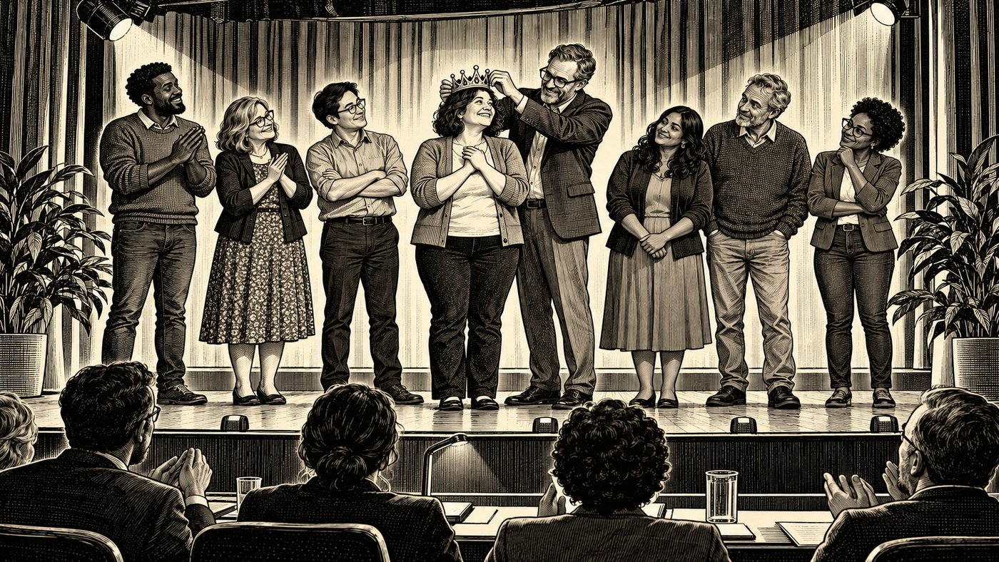 Engraved-style illustration of a pageant on a theatre stage: eight people stand in a row under spotlights while a man in a jacket places a crown on a smiling woman in the middle, and an audience in the foreground applauds.