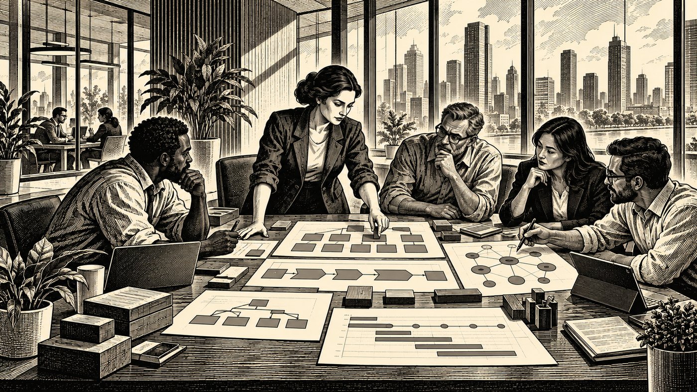 A woodcut-style illustration of five business architects gathered around a conference table in a modern office overlooking a city skyline, reviewing a capability grid, a process flow diagram, a network/dependency map, and a roadmap timeline chart spread across the table.