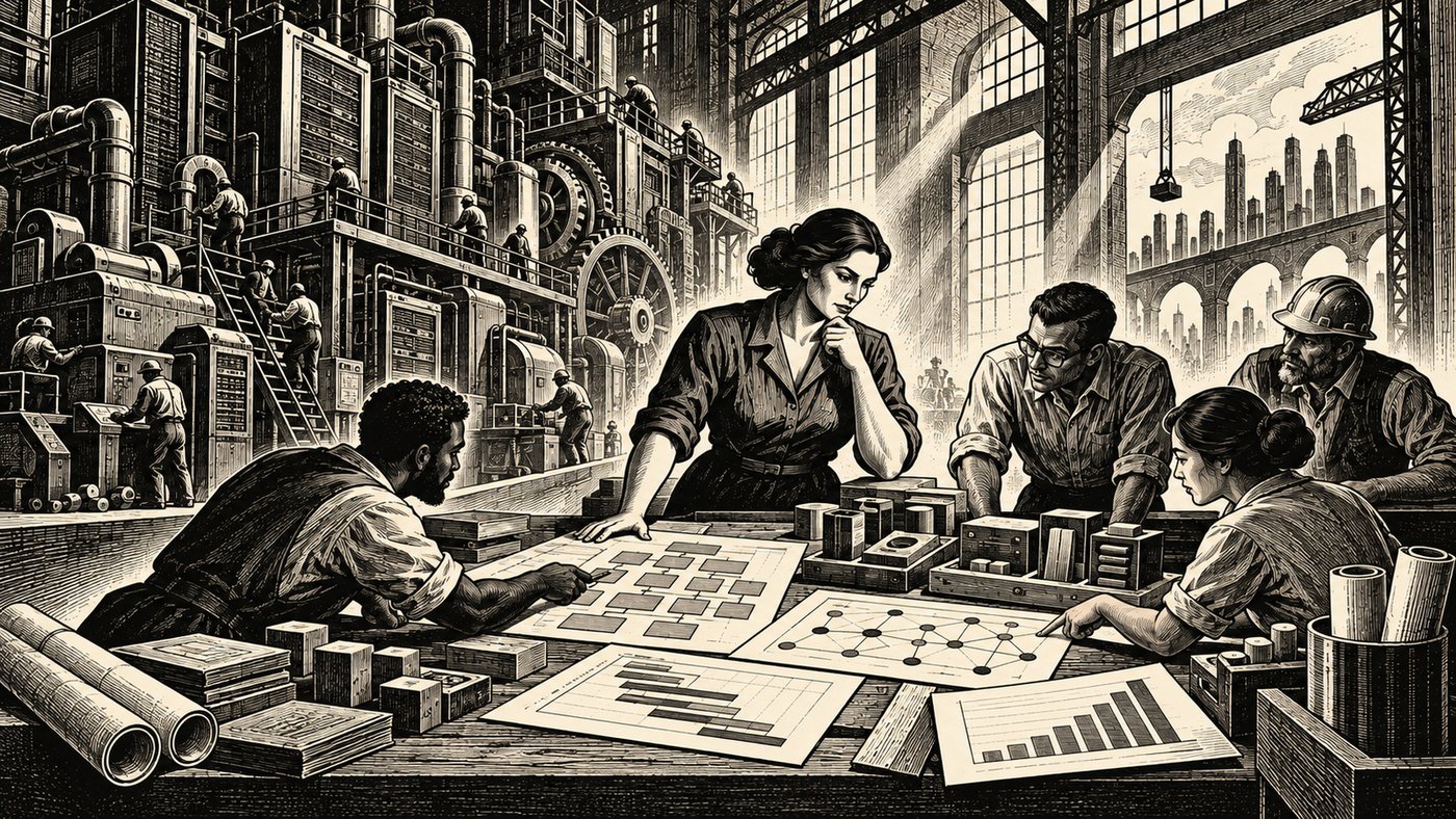 A woodcut-style illustration of a diverse team of architects and engineers gathered around a table in a large industrial workshop, studying a capability heatmap grid, a node-and-line dependency network, and bar charts, with scale-model buildings and machinery in the background.