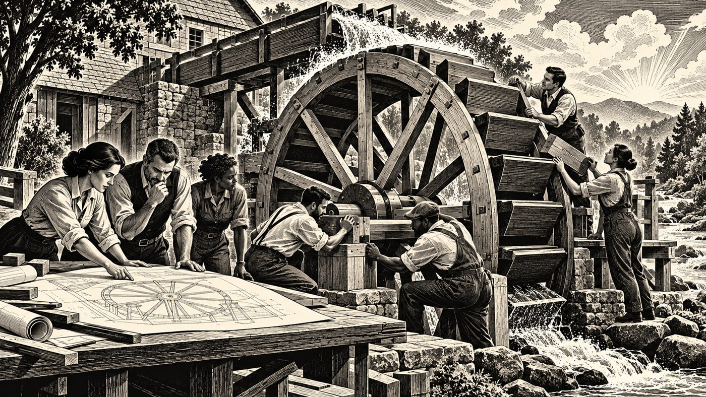 Woodcut illustration of a team studying a waterwheel and its construction plan beside a mill, representing coordinated planning and execution.