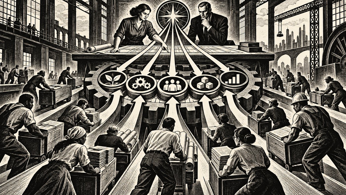 Illustration of two planners reviewing a master plan from an elevated platform in a factory, with arrows flowing down from their table into gear-shaped icons representing business capabilities, while workers below move carts of proposal folders and materials — top-down direction shaping bottom-up execution.
