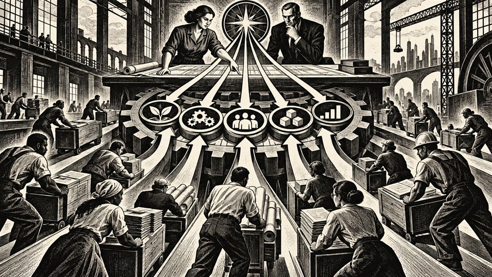 Illustration of two planners reviewing a master plan from an elevated platform in a factory, with arrows flowing down into gear-shaped icons representing business capabilities, while workers below move carts of proposal folders and materials.